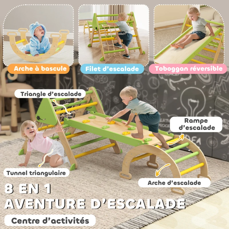 AIYAPLAY Triangle d'escalade enfants 8 en 1 avec rampe double face, arc d'escalade en bois avec toboggan & échelle, vert