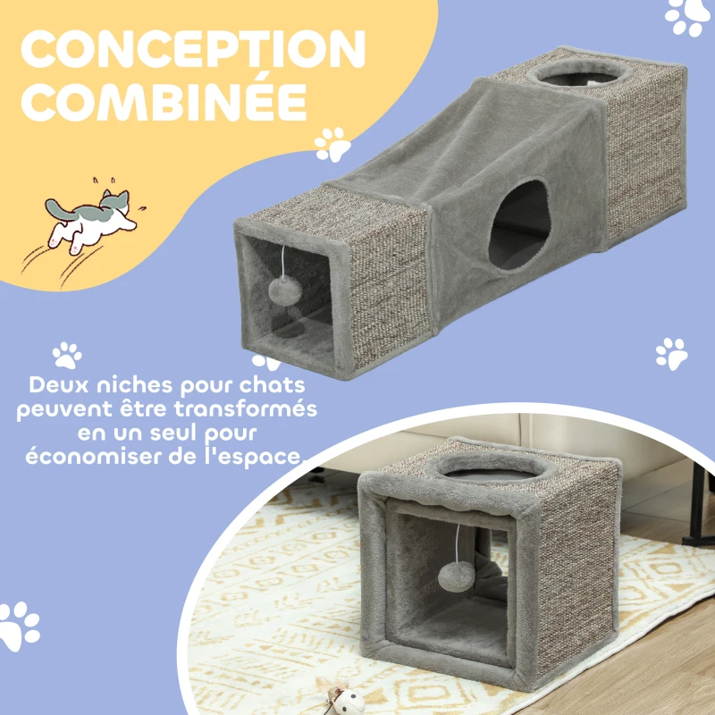 PawHut Tunnel pour chat intérieur jouets pour chats avec balle suspendue entrées multiples en sisal 98 x 30 x 30 cm gris