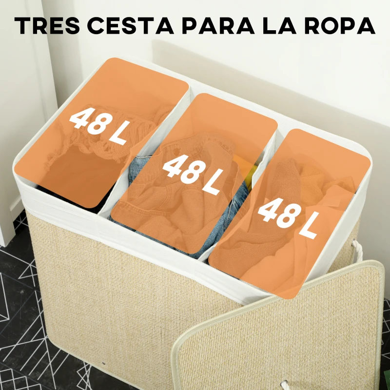 HOMCOM Cesto de Ropa Sucia 144L de Bambú con 3 Compartimentos Asas Bolsa Interior Extraíble 60x40x60 cm Crema
