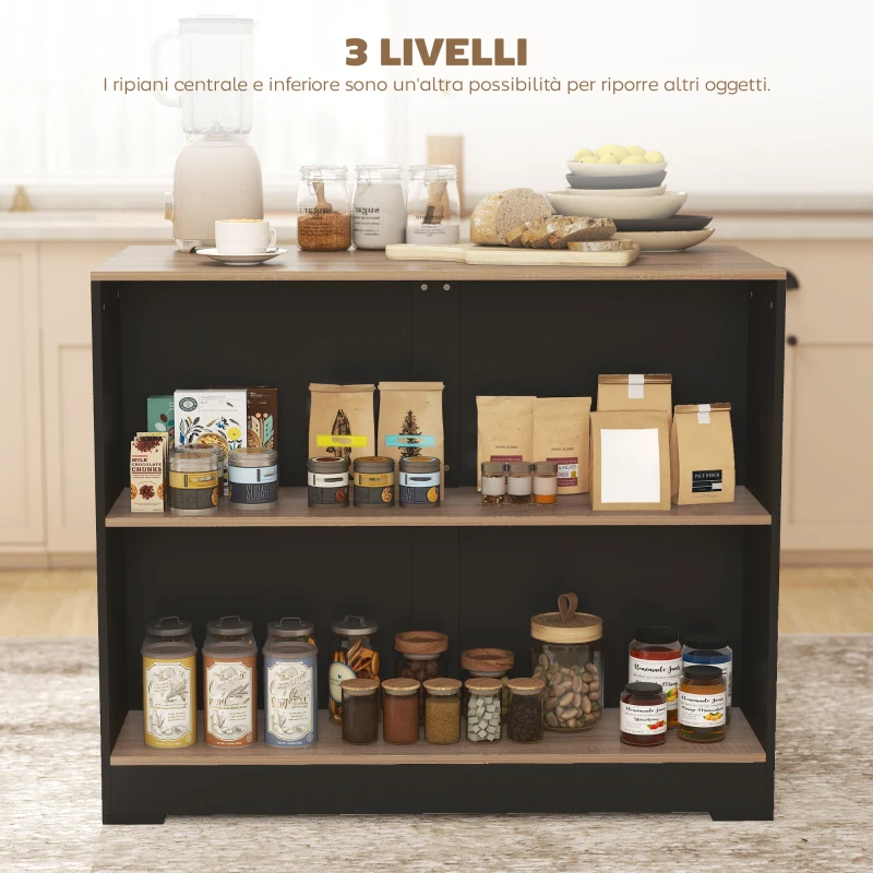 HOMCOM Bancone Bar Isola da Cucina con 3 Ripiani per Soggiorno e Salotto, 113x60x90 cm, Nero e Legno