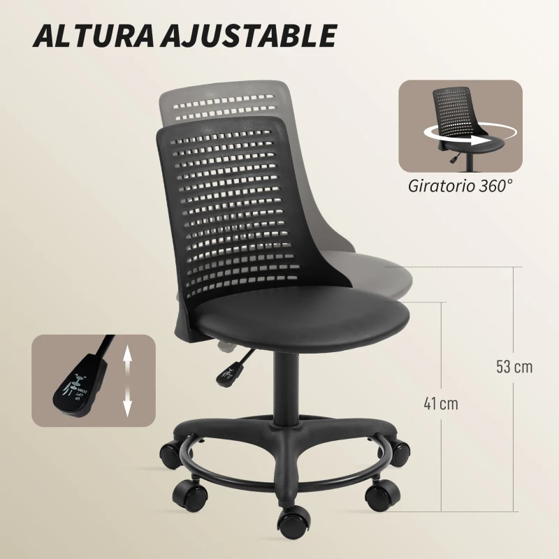 HOMCOM Silla de Escritorio sin Brazos Silla de Oficina Giratoria con Respaldo Hueco Altura Ajustable Negro