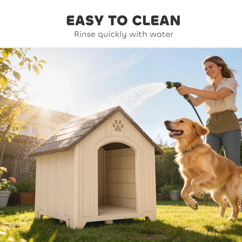 PawHut Erhöhte Hundehütte mit abgeschrägtem Dach und Belüftungsöffnungen, aus PP, 88x78x89 cm, Beige und Dunkelbraun