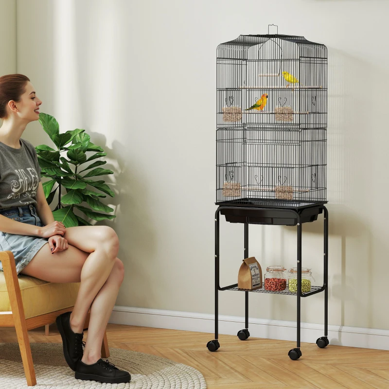 PawHut Bird Cage for Finch Budgie Cage with Stand Wheels, Slide-out Tray, Accessories, Storage Shelf, Black 46.5 x 36 x 157 cm