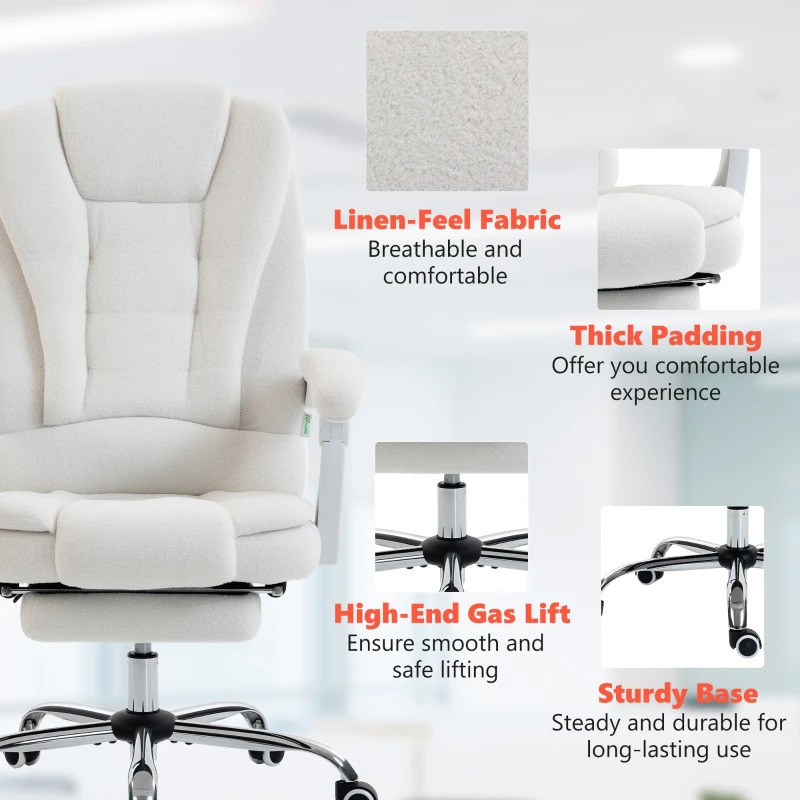 Vinsetto Silla de oficina dirección masajeadora calefactable altura regulable respaldo reclinable tela de lino blanco