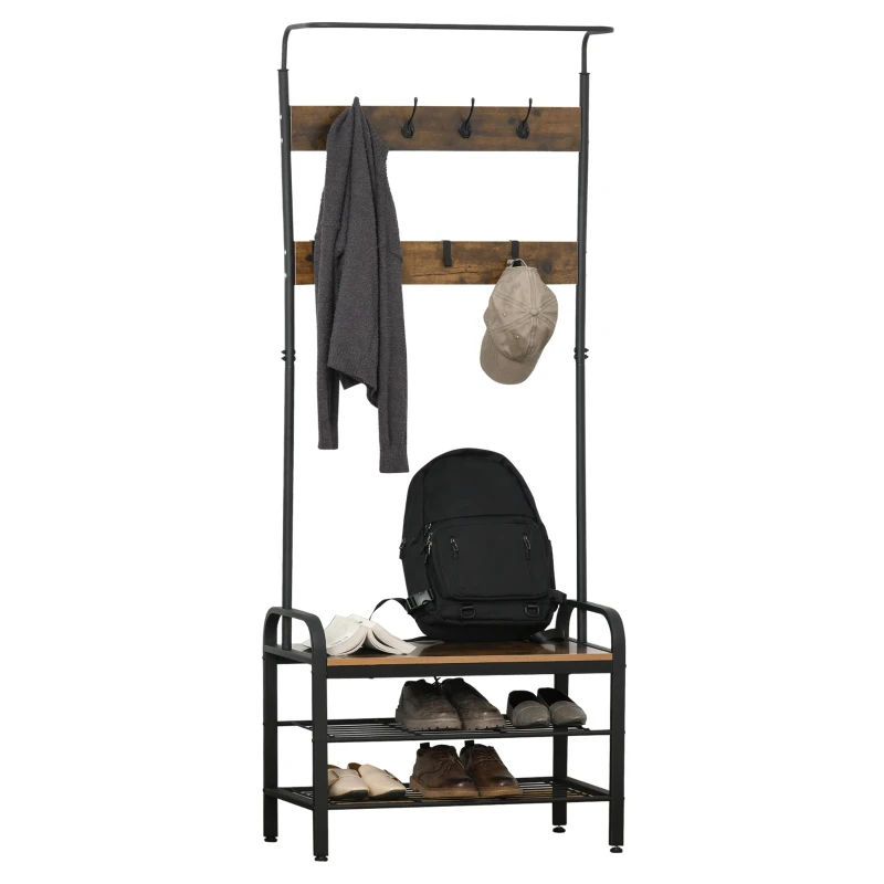 HOMCOM Hallway Organiser Unit Industrial Vintage Hanger for Coats Bags Shoes Freestanding Metal Frame w/ 8 Hook 2 Shelves