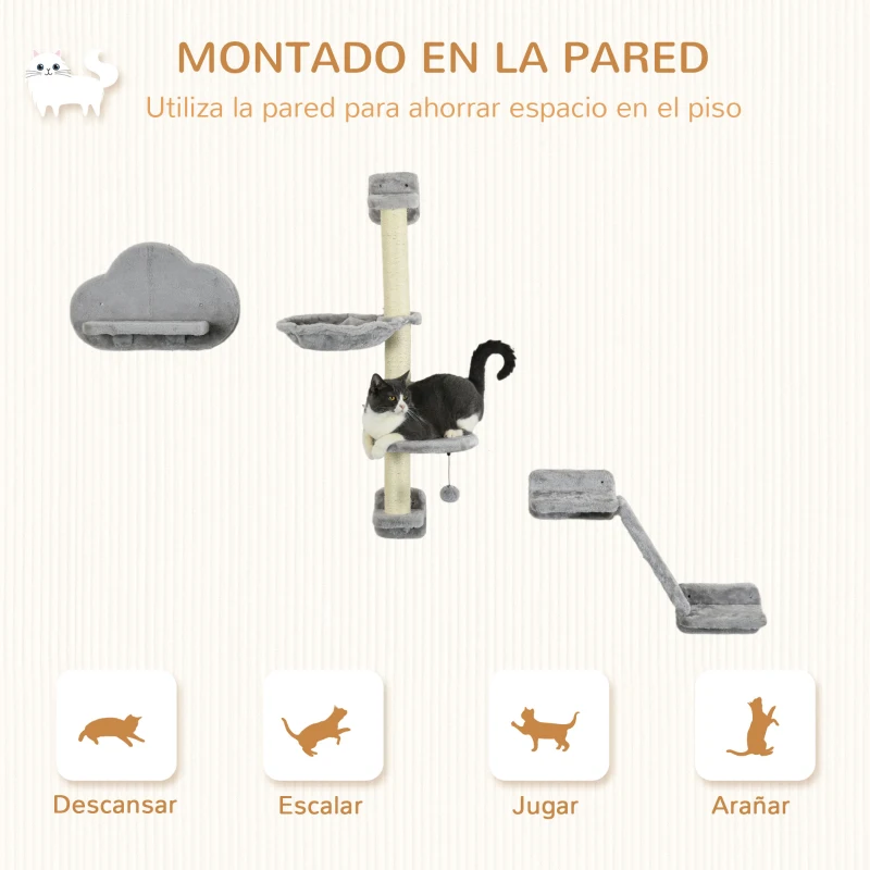 PawHut Juego de Pared de Escalada para Gatos de 3 Piezas con Hamaca Rampa con Rascador Plataforma en Forma de Nube Gris