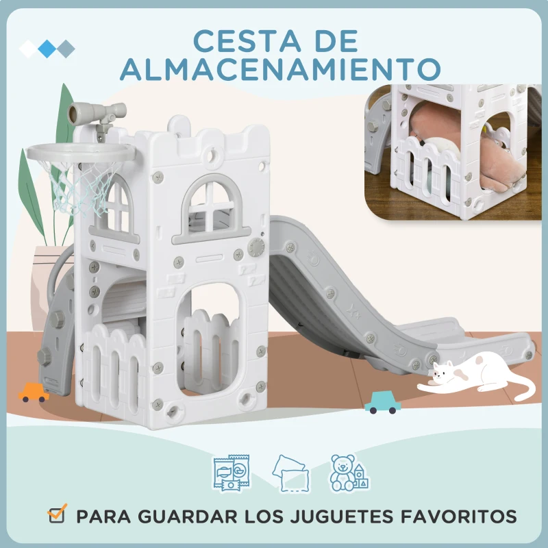 AIYAPLAY Tobogán Infantil 5 en 1 con Canasta de Baloncesto Telescopio Escalador y Cesta Inferior para Interior Blanco y Gris