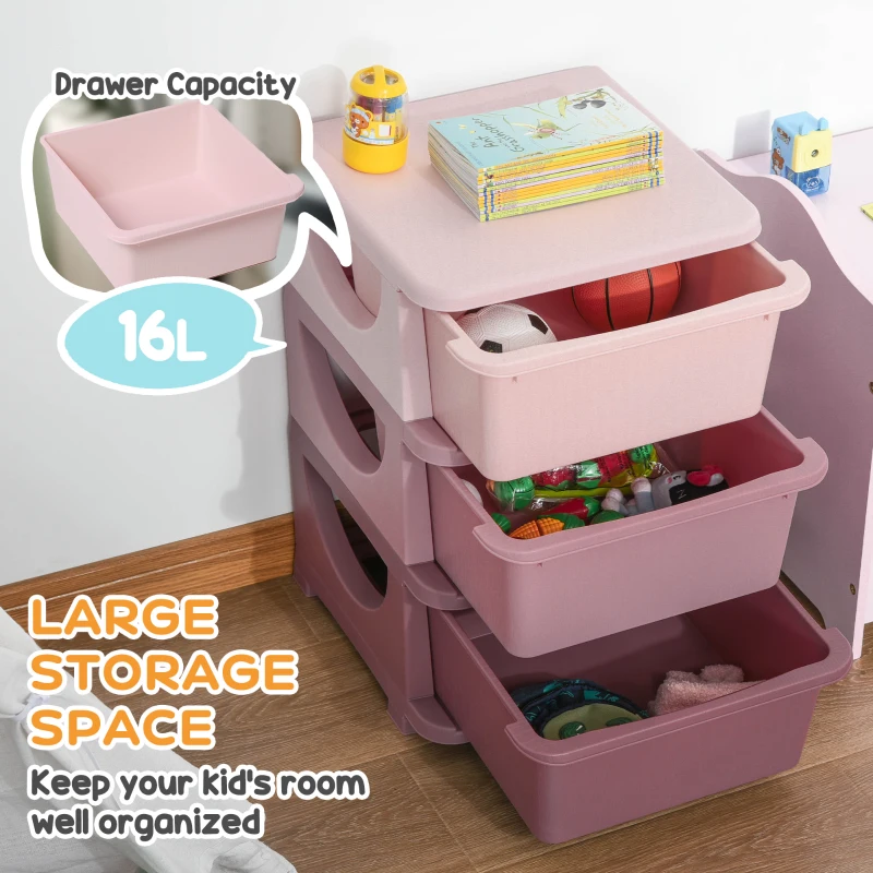 HOMCOM Kids Storage Units with 3 Drawers 3 Tier Chest Vertical Dresser Tower Toy Organizer for Nursery Playroom Kindergarten Pink