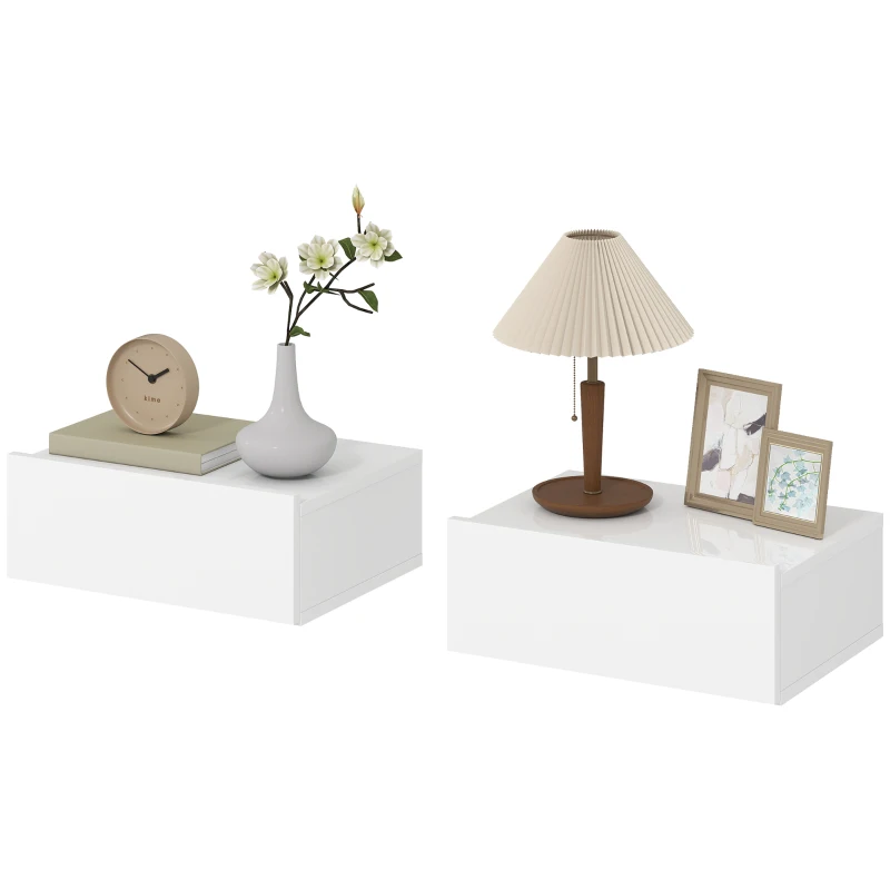 HOMCOM Conjunto de 2 Mesas de Cabeceira com 1 Gaveta Desenho Montado na Parede Estilo Moderno para Dormitório 40x30x15 cm Branco
