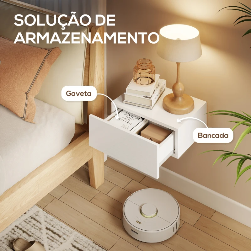 HOMCOM Conjunto de 2 Mesas de Cabeceira com 1 Gaveta Desenho Montado na Parede Estilo Moderno para Dormitório 40x30x15 cm Branco