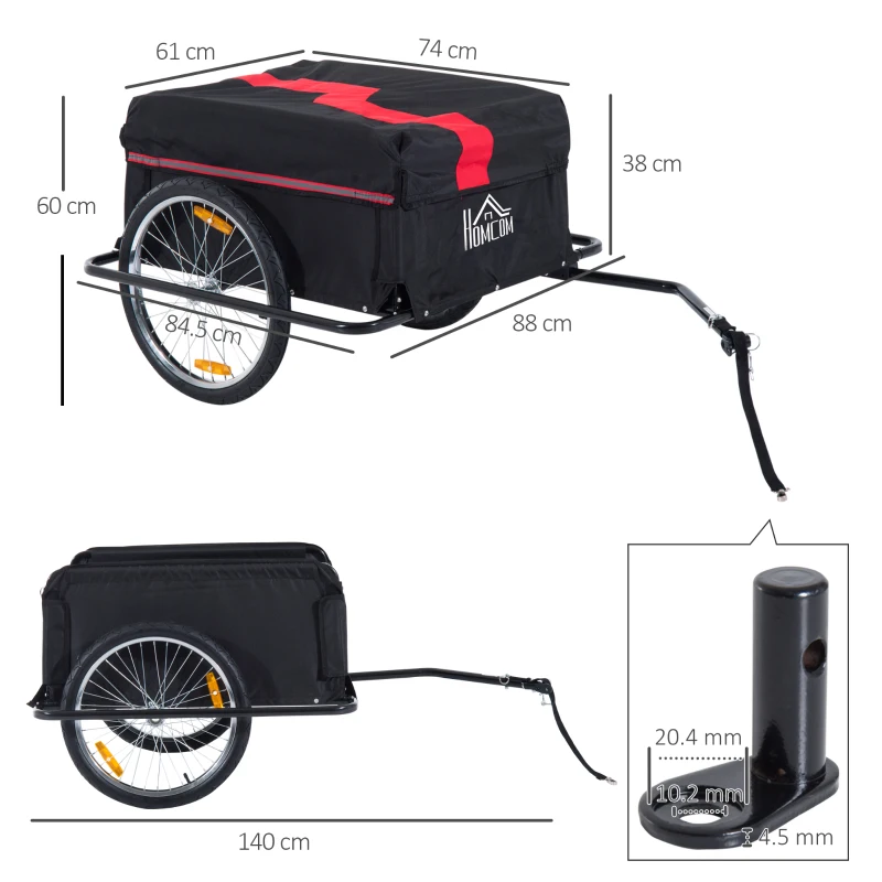 HOMCOM Two-Wheel Bicycle Large Cargo Wagon Trailer Oxford Fabric, Folding Storage, & Removable Cover, Red