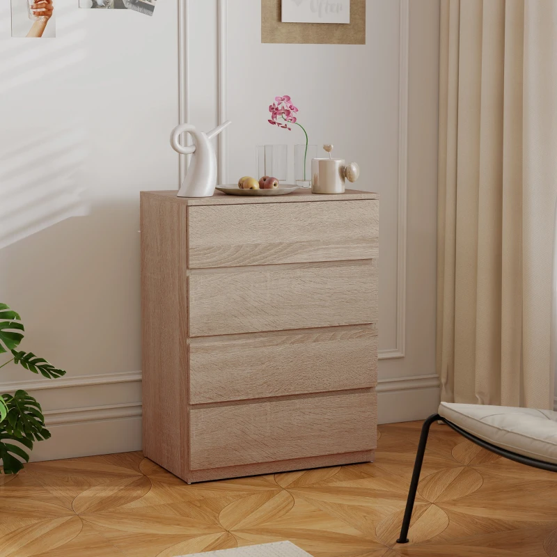 HOMCOM Cassettiera 4 Cassetti in Legno con Guide in Metallo e Maniglie Scanalate, 60x40x80 cm, color Faggio