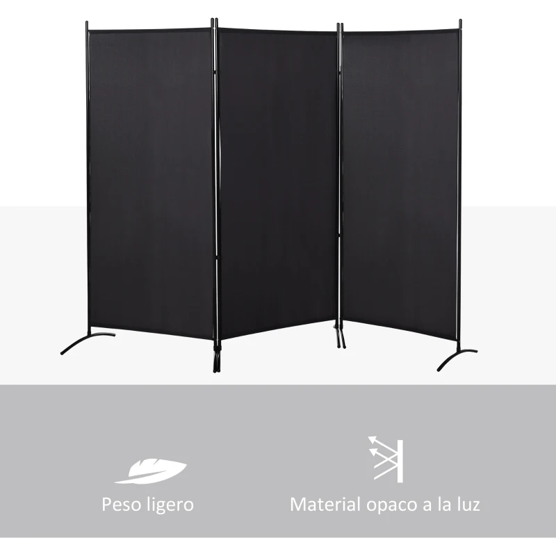 HOMCOM Biombo Separador de Ambientes de 3 Paneles 253x50x182 cm Divisor de Habitación Plegable con 6 Pies de Metal Negro