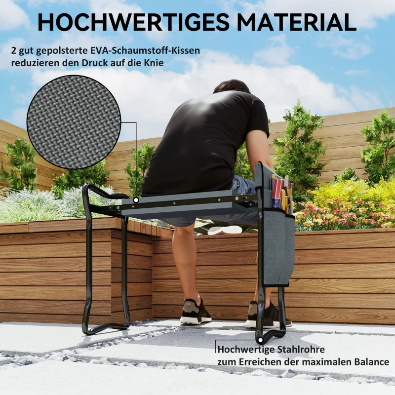 Outsunny Kniebank für Gartenarbeit klappbar Gartenhocker mit Kniekissen Werkzeugtaschen bis 150 kg 58 x 28 x 49cm Grau