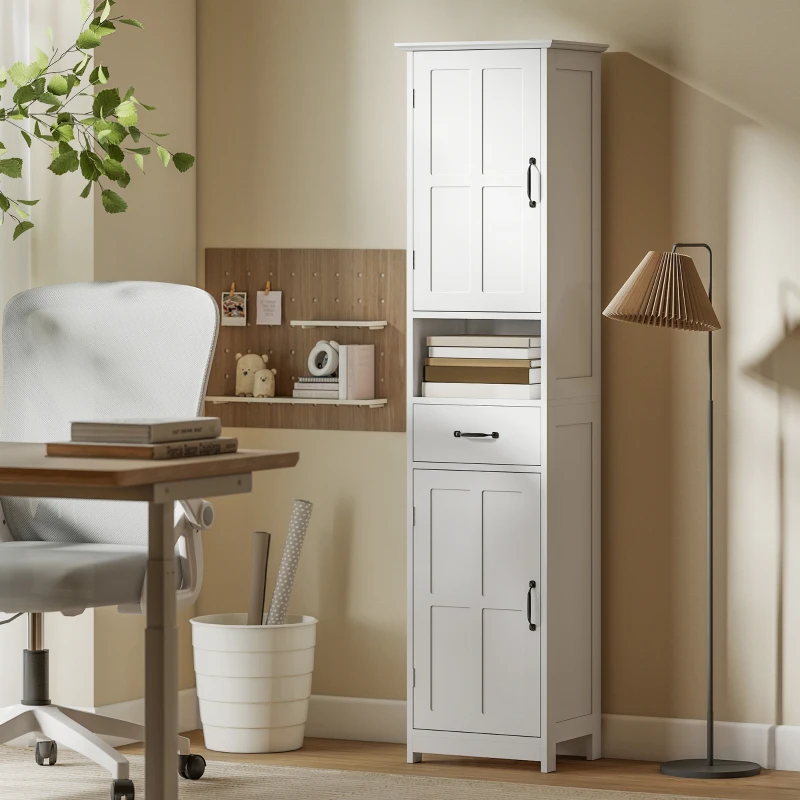 kleankin Columna de Baño con 2 Puertas 1 Cajón Estante Abierto y 2 Armarios con Estante Ajustable 40x30x164 cm Blanco