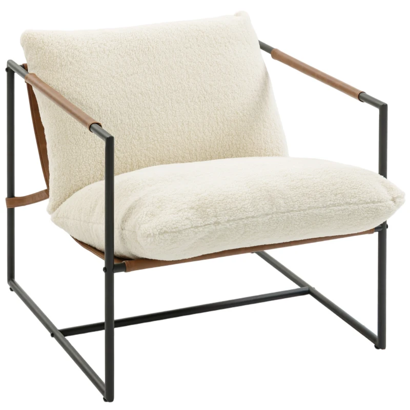 HOMCOM Wohnzimmersessel, gepolsterter Beistellsessel aus Bouclé-Stoff, große Sitzfläche und Stahlgestell, 77x91x80cm, Creme