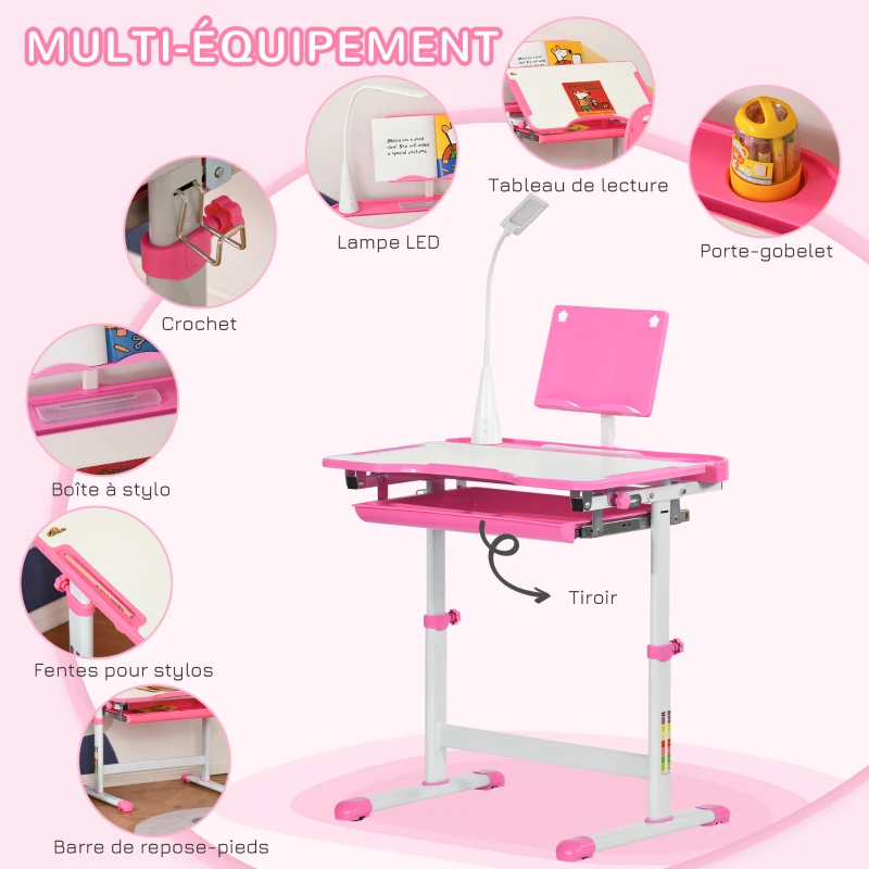 HOMCOM Ensemble chaise et bureau pour enfants avec lampe LED hauteur réglable plateau incliné support de lecture rose