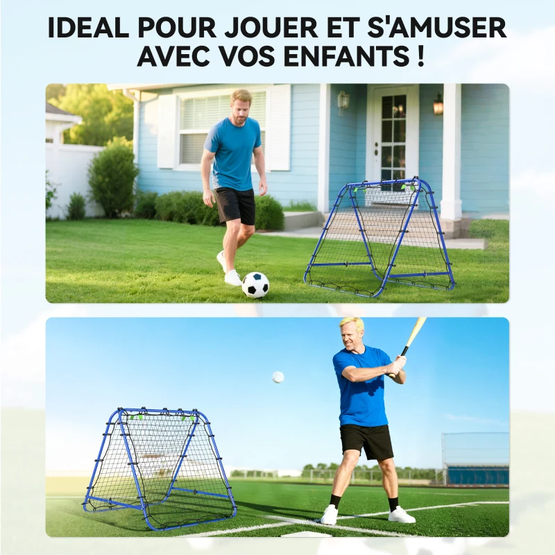 HOMCOM Filet de rebond double face 91 x 91 cm filet de rebond football pliable réglable dans 5 angles structure en acier bleu
