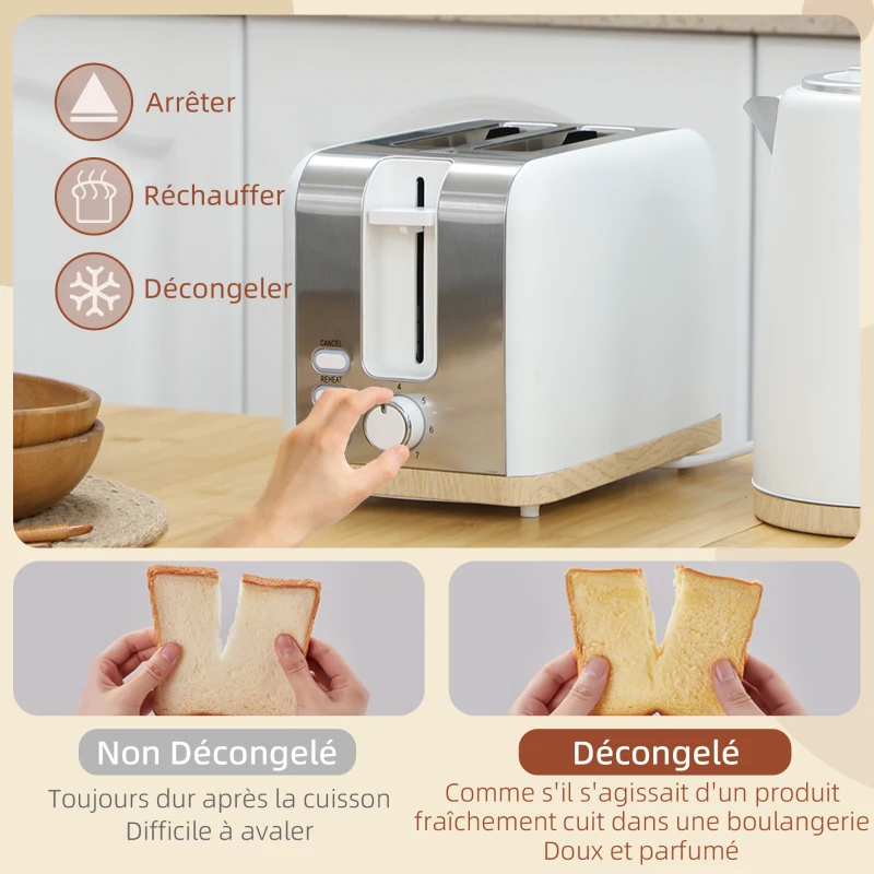 HOMCOM Ensemble bouilloire et grille-pain, 1,7L, 2200W, grille-pain 2 tranches avec 7 niveaux de brunissage, blanc