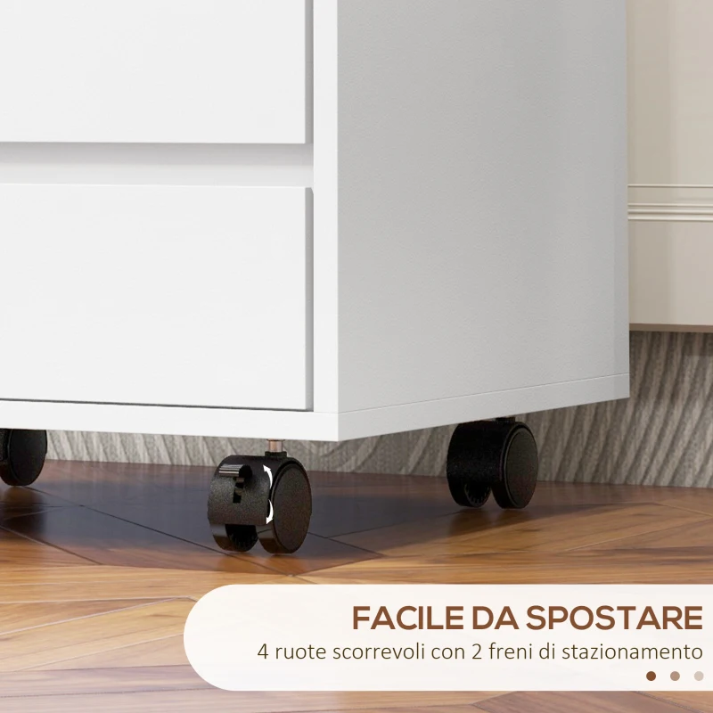 HOMCOM Cassettiera da Ufficio con 4 Cassetti e Ruote con Freno in Legno MDF, 46x40x65 cm, Bianco