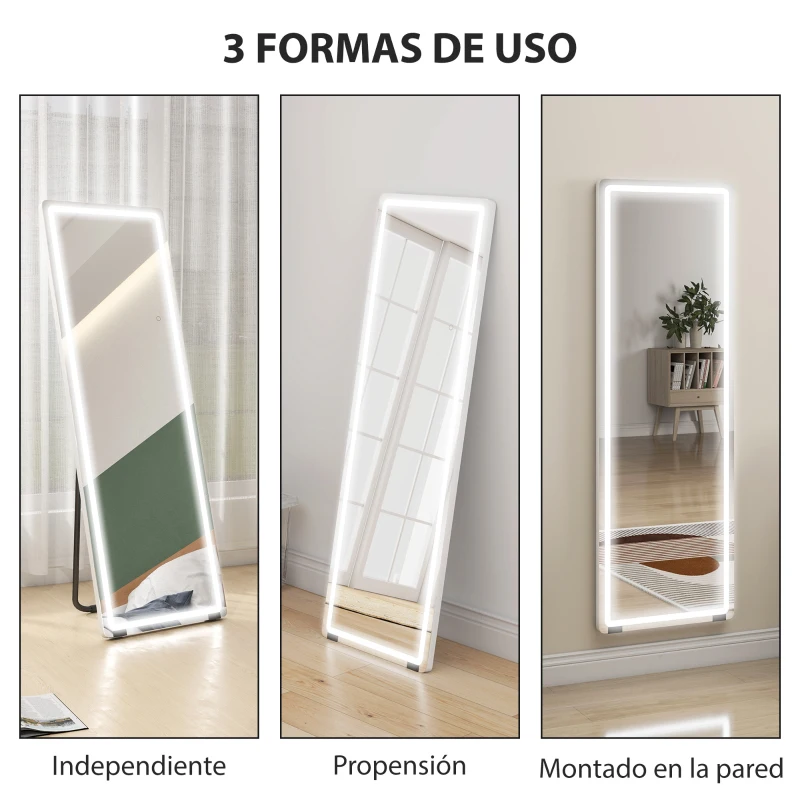 HOMCOM Espejo de Pie Cuerpo Entero con Luces 150x50 cm sin Marco 3 Temperaturas de Color Brillo Ajustable Transparente