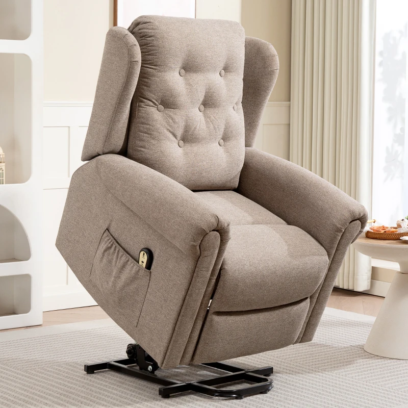 HOMCOM Sillón Relax Reclinable Eléctrico Levanta Personas con Respaldo Alto Capitoné Control Remoto Marrón Claro