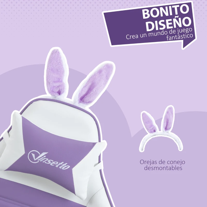 Vinsetto Silla Gaming de Cuero Sintético Reclinable 135° Reposacabezas Soporte Lumbar y Reposapiés 65x63x136-142 cm Púrpura