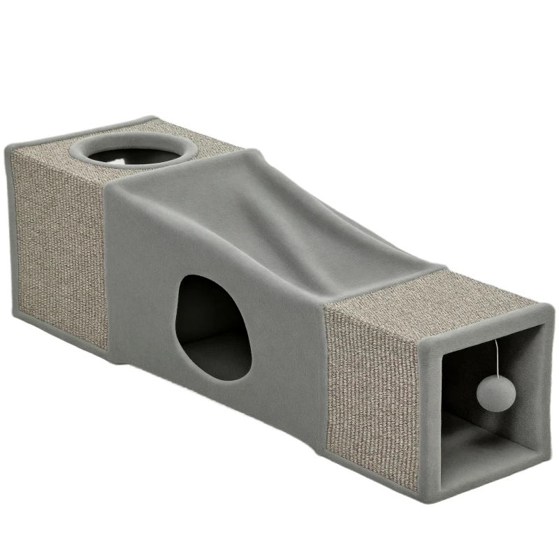 PawHut Tunnel pour chat intérieur jouets pour chats avec balle suspendue entrées multiples en sisal 98 x 30 x 30 cm gris