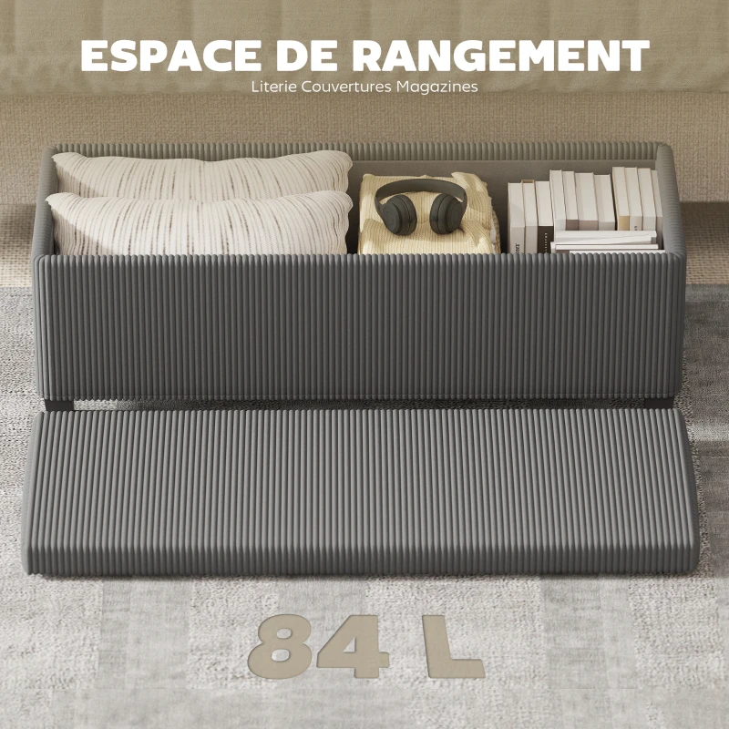 HOMCOM Banc de rangement bout de lit en velours côtelé avec couvercle, pour salon, chambre, entrée, 112 x 42 x 40 cm, gris