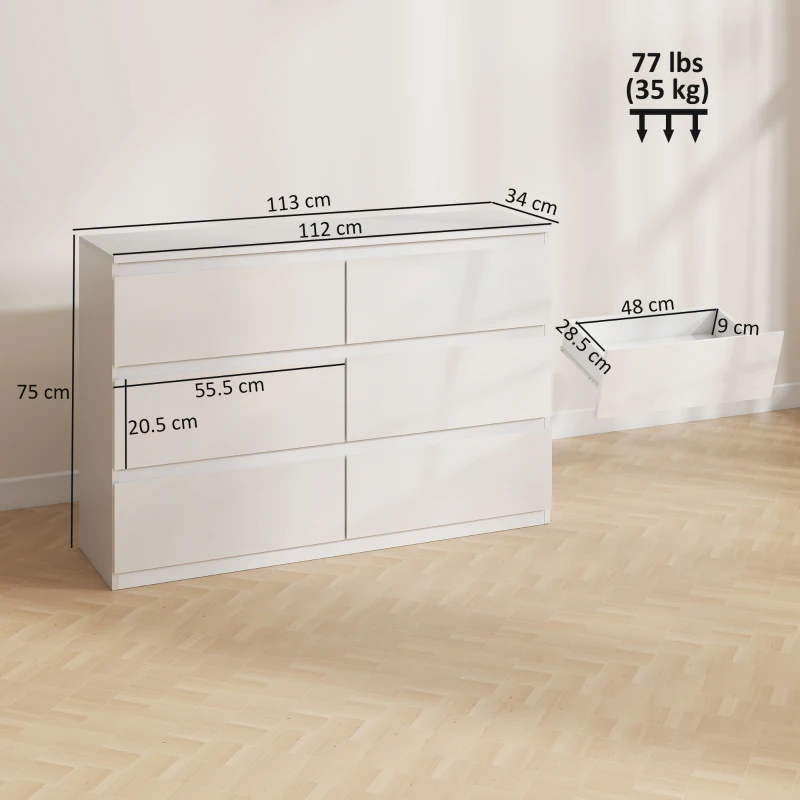 HOMCOM Comodă pentru Dormitor cu 6 Sertare Comodă pentru Salon Birou Stil Modern 112x34x75 cm Alb lucios