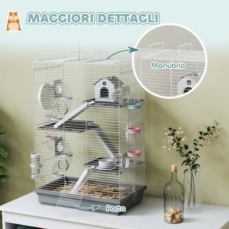 PawHut Gabbia per Criceti a 4 Livelli e 16 Tubi con Casetta, Rampa, e Accessori, in Metallo e Plastica, 47x30x70 cm, Grigio