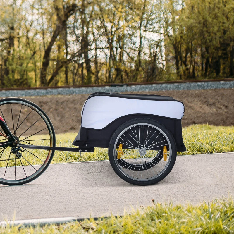 HOMCOM Remorque à vélo cargo en acier avec couvercle amovible et attelage 140 x 77 x 65 cm blanc et noir