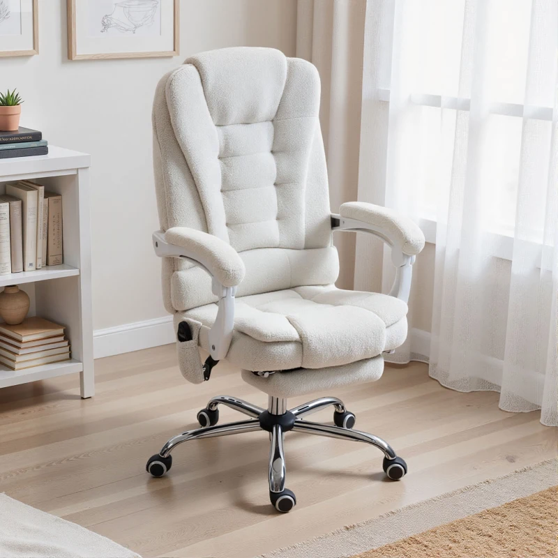 Vinsetto Silla de oficina dirección masajeadora calefactable altura regulable respaldo reclinable tela de lino blanco