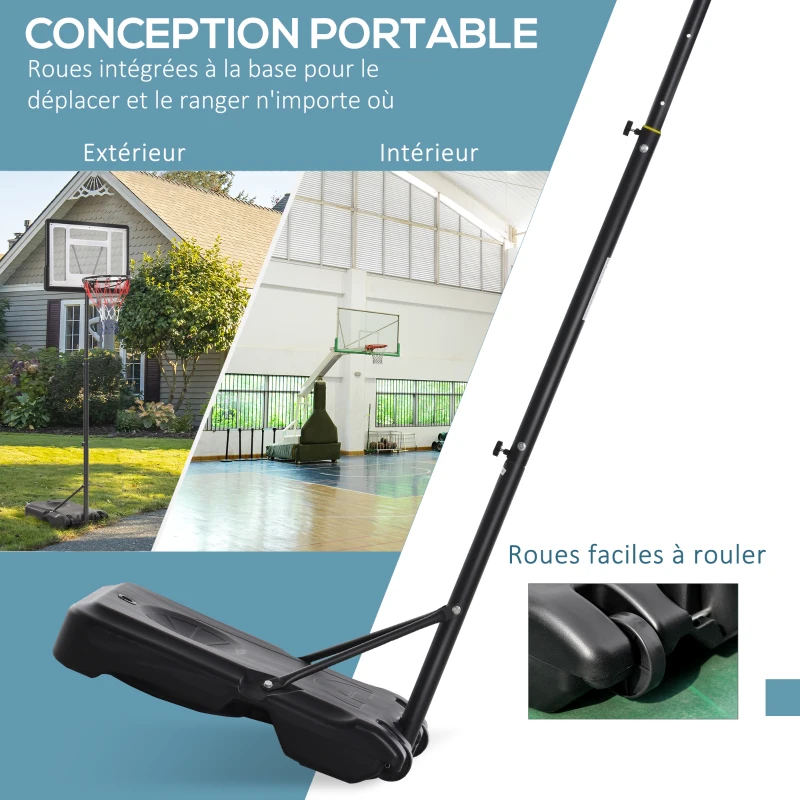 HOMCOM Panier de basket sur pied hauteur réglable de 203cm à 258 cm avec roulettes panneau arrière solide base de lestage noir
