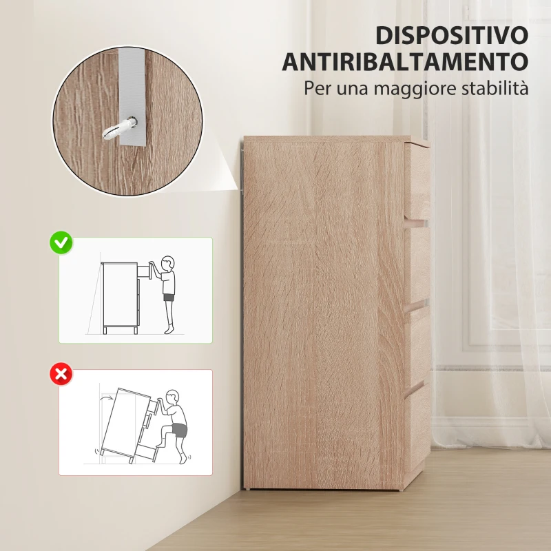 HOMCOM Cassettiera 4 Cassetti in Legno con Guide in Metallo e Maniglie Scanalate, 60x40x80 cm, color Faggio