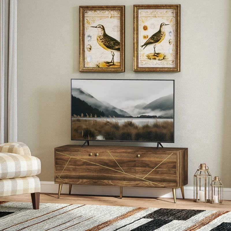 HOMCOM Meuble TV meuble télé bois pour téléviseur jusqu'à 60 pouces avec placards étagères pieds acier 130 x 40 x 52 cm marron