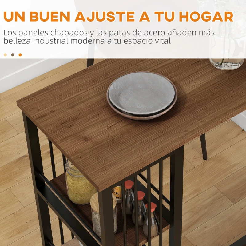 HOMCOM Mesa Alta Cocina con 3 Estantes Mesa Alta Bar para 2 Personas Patas de Acero para Salón 120x40x105 cm Marrón y Negro