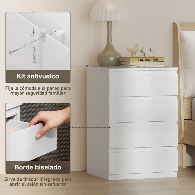HOMCOM Cómoda 4 Cajones con Cierre Suave Cajonera para Salón Oficina Estilo Moderno 45x40x68 cm Blanco
