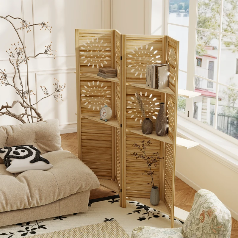 HOMCOM Biombo interior 4 paneles y 3 estantes, 160 x 170 cm, separador de ambiente plegable, madera de paulownia, madera natural
