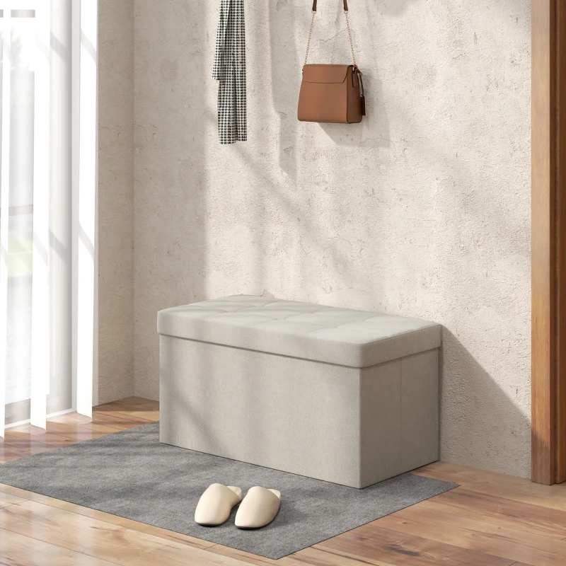 HOMCOM Puff Almacenaje, Banco Almacenaje Plegable 84 L 76x38x38 cm Tapizado en Lino Sintético Baúl de Almacenamiento Crema