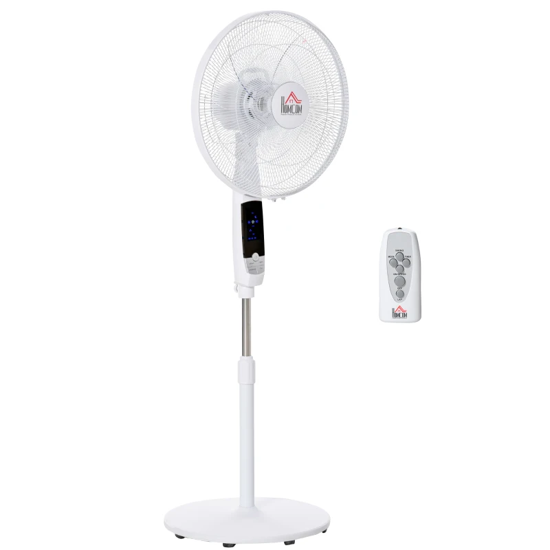 HOMCOM Ventilateur sur pied hauteur réglable oscillant 85° 3 vitesses 50 W avec écran LED télécommande minuterie Ø 42 cm blanc