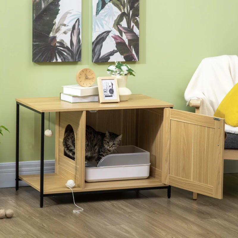 PawHut Maison de toilette pour chat style industriel porte entrée latérale boule suspendue châssis acier aspect bois clair