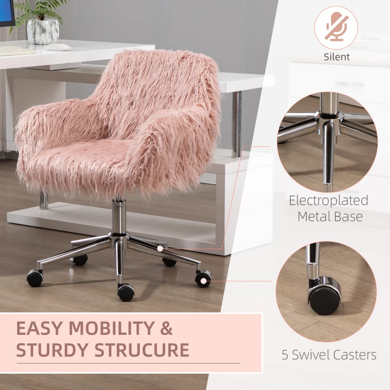 Vinsetto Faux Fur Desk Chair, Rolling Swivel Makeup Chair with Adjustable Height, Armrets for Home Office, Bedroom, Pink