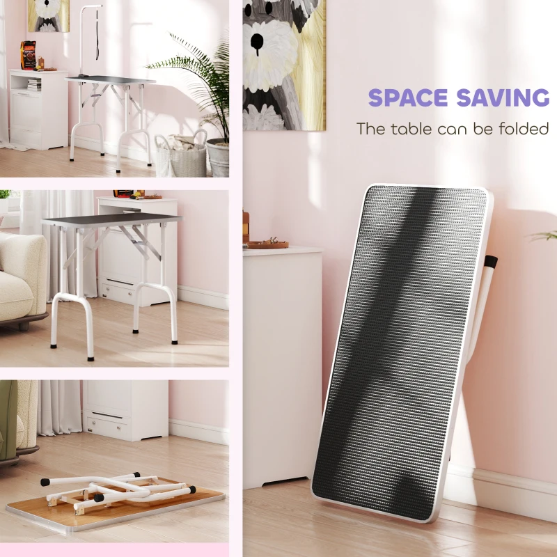 PawHut Trimtafel voor honden verzorgingstafel met riem inklapbaar stalen poten antislip tafelblad 81x48,5x80 cm Zwart