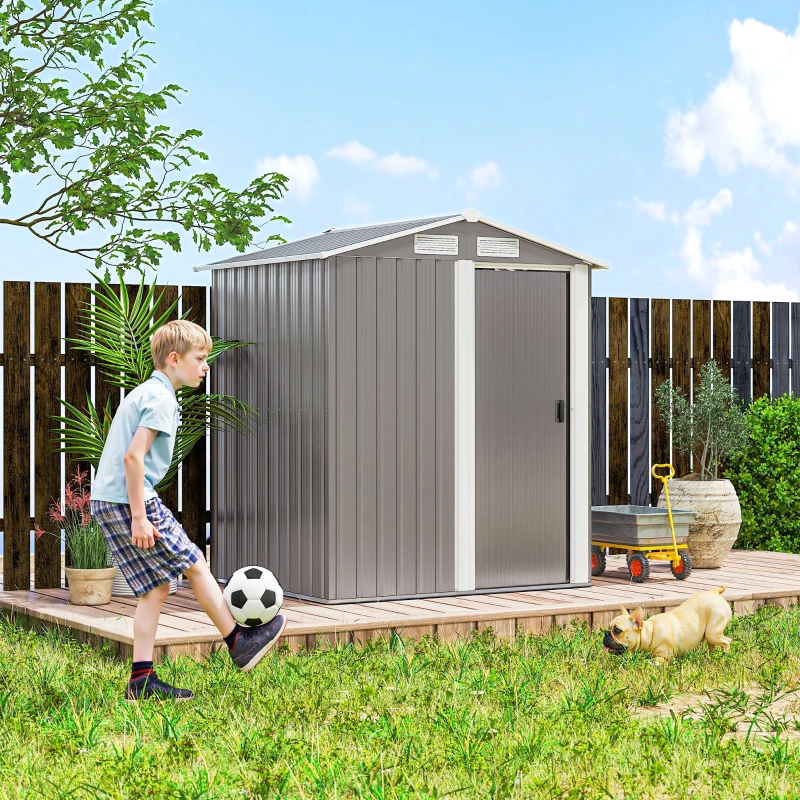 Outsunny Garden Metal Tool Storage Shed with Sliding Door, Sloped Roof and Foundation Kit, 152 x 132 x 188cm, Grey