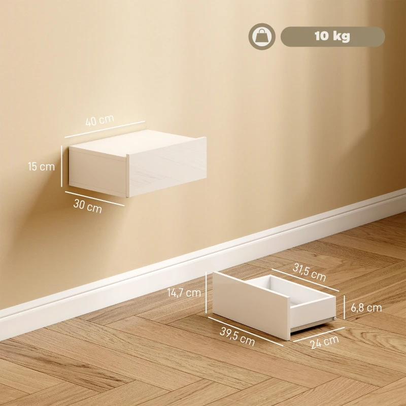 HOMCOM Juego de 2 Mesitas de Noche Flotantes con 1 Cajón Montado en la Pared Estilo Moderno para Dormitorio 40x30x15 cm Blanco