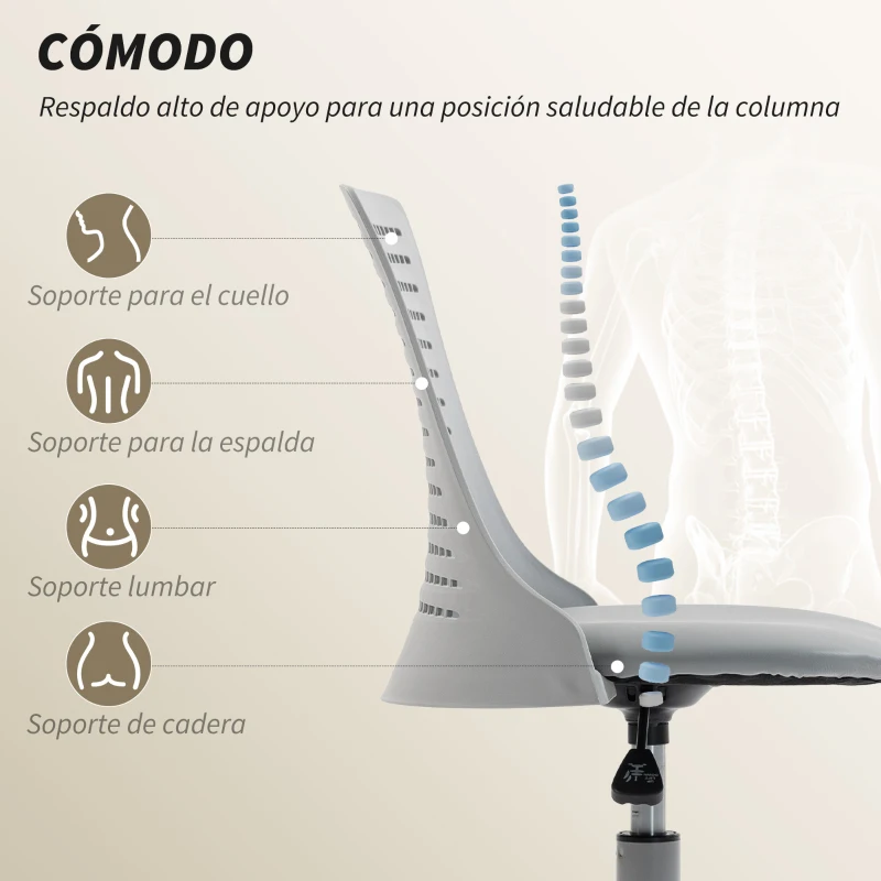 HOMCOM Silla de Escritorio sin Brazos Silla de Oficina Giratoria con Respaldo Hueco Altura Ajustable Gris