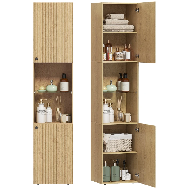 HOMCOM Armario de Baño Alto de 6 Niveles con 2 Puertas Estante de Vidrio Templado Estantes Ajustables 40x31x182 cm Roble