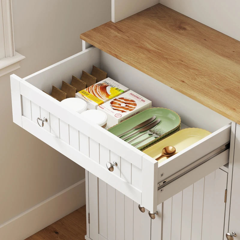 HOMCOM Alacena de Cocina con Estación de Carga 6 Puertas 1 Cajón Estantes Ajustables Encimera Amplio 100x40x173 cm Blanco