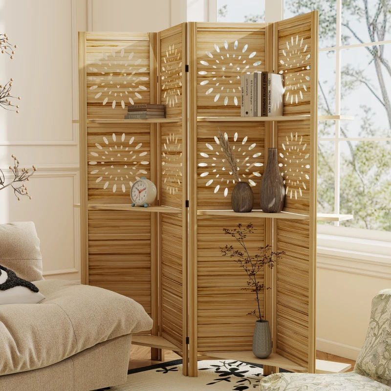 HOMCOM Paravento interno, 4 pannelli e 3 mensole, pieghevole, in legno, 160 x 170 cm, Legno naturale